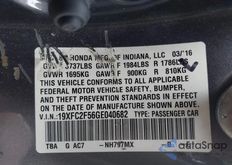2016 Honda Civic Lx from USA, damaged, VIN 19XFC2F56GE040682